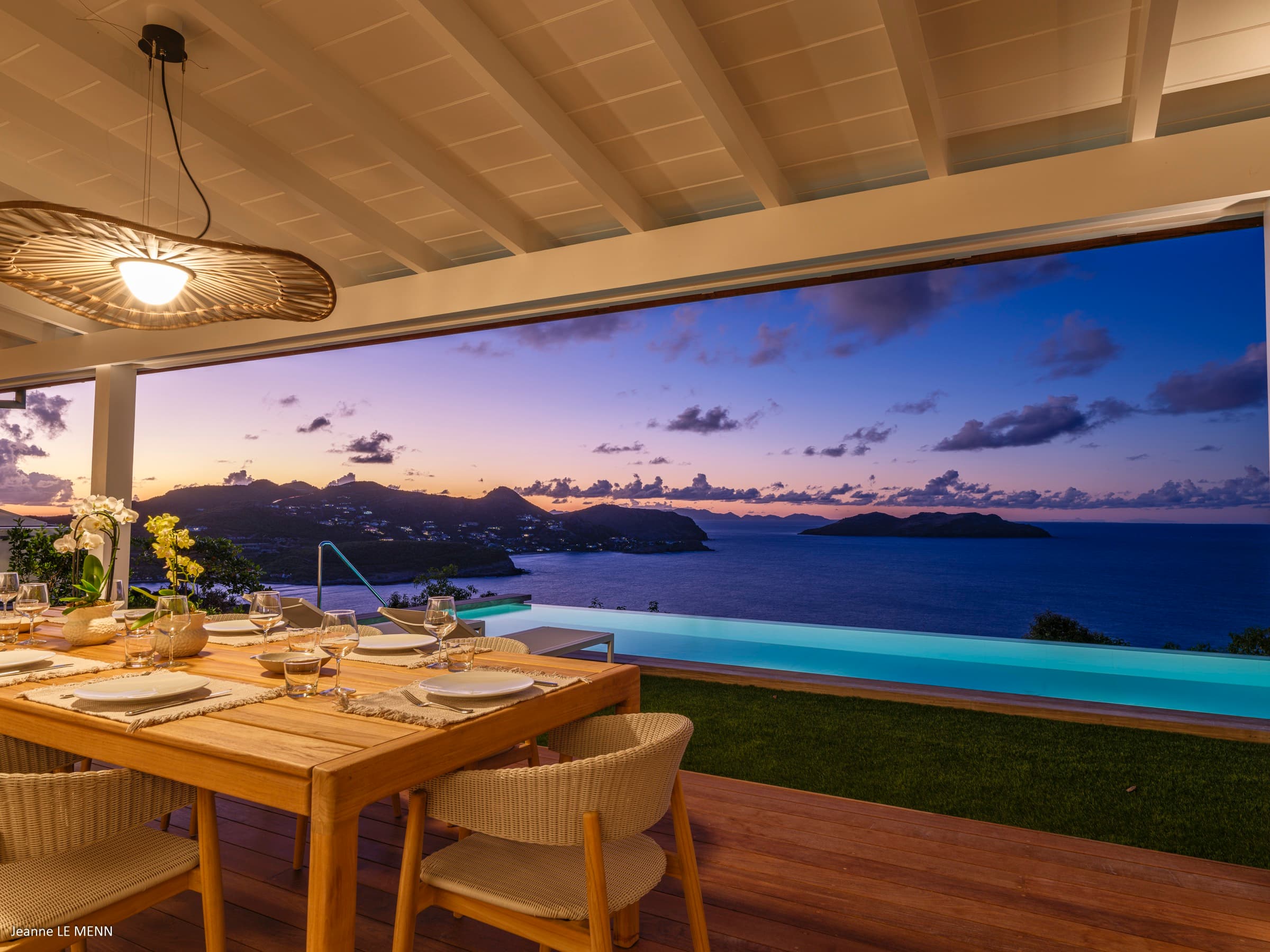 Patio dining area at sunset